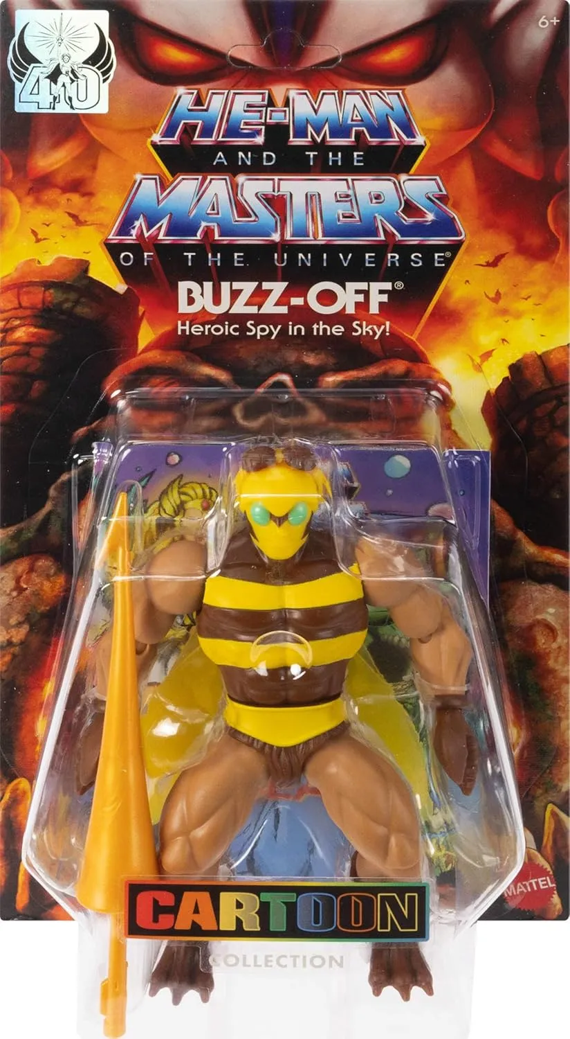 Masters of the Universe Origins Action Figure Buzz-Off Cartoon Collection, 5.5-inch 1980s TV Bee Leader Winged & Goggled with Javelin