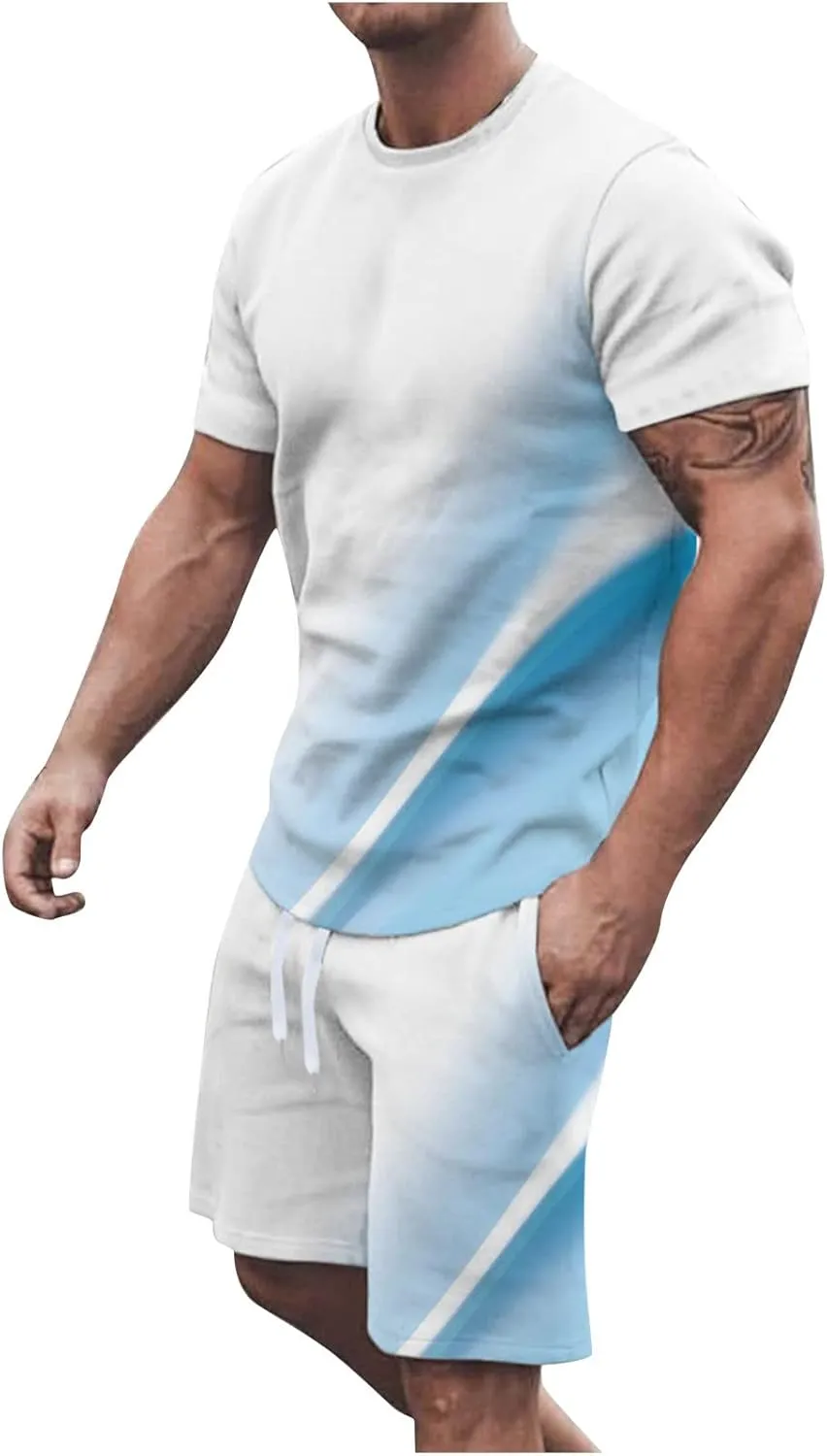 Men 2 Piece Outfits Casual Short Sleeve Summer Fashion Gradient Color Athletic Shirt and Drawstring Shorts Sweatsuit