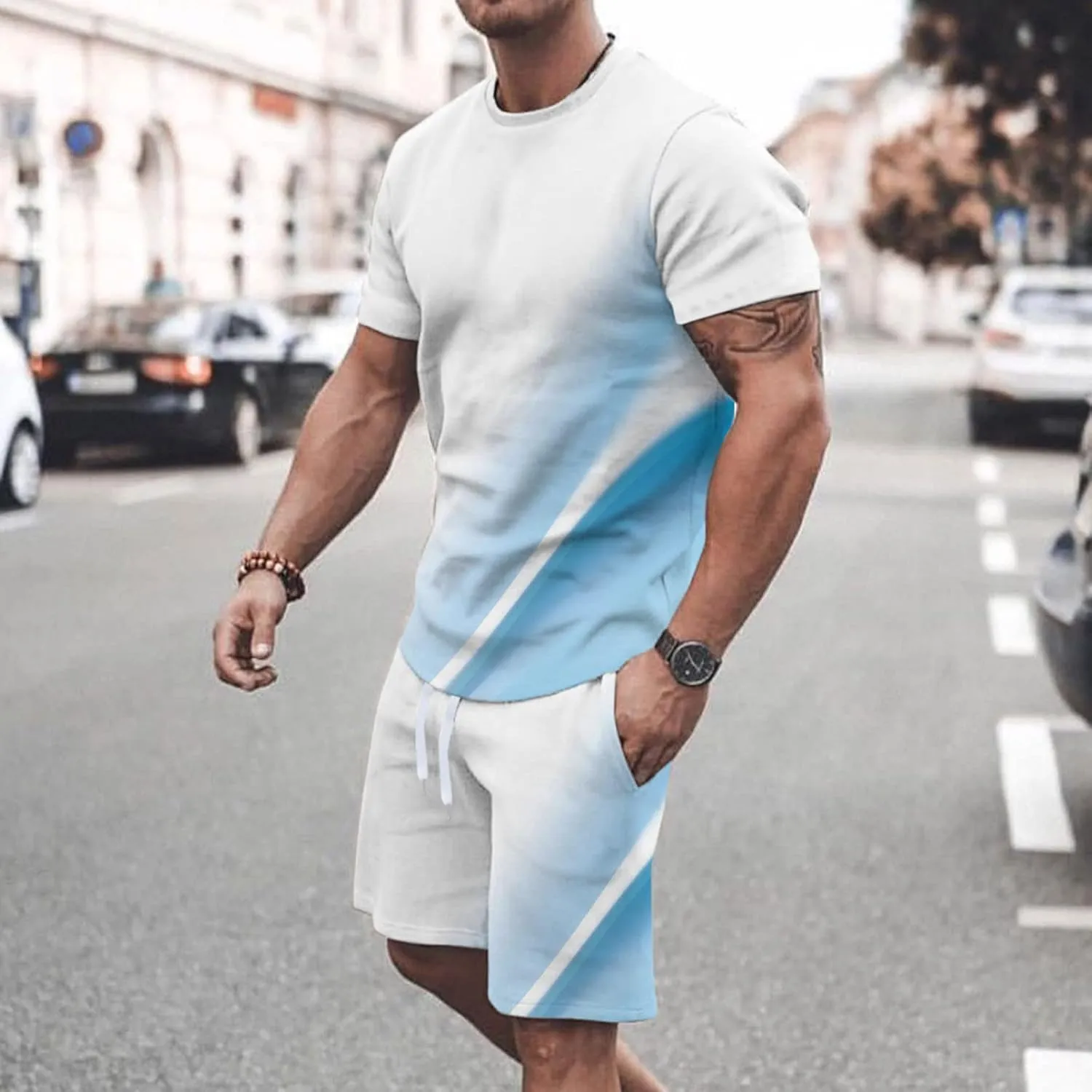 Men 2 Piece Outfits Casual Short Sleeve Summer Fashion Gradient Color Athletic Shirt and Drawstring Shorts Sweatsuit
