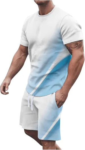 Men 2 Piece Outfits Casual Short Sleeve Summer Fashion Gradient Color Athletic Shirt and Drawstring Shorts Sweatsuit