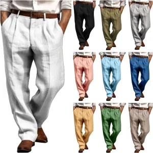 Men Casual Pants Linen Double Pleated Front Bag Belt Straight Leg Trousers Comfortable Breathable Business Work Pants