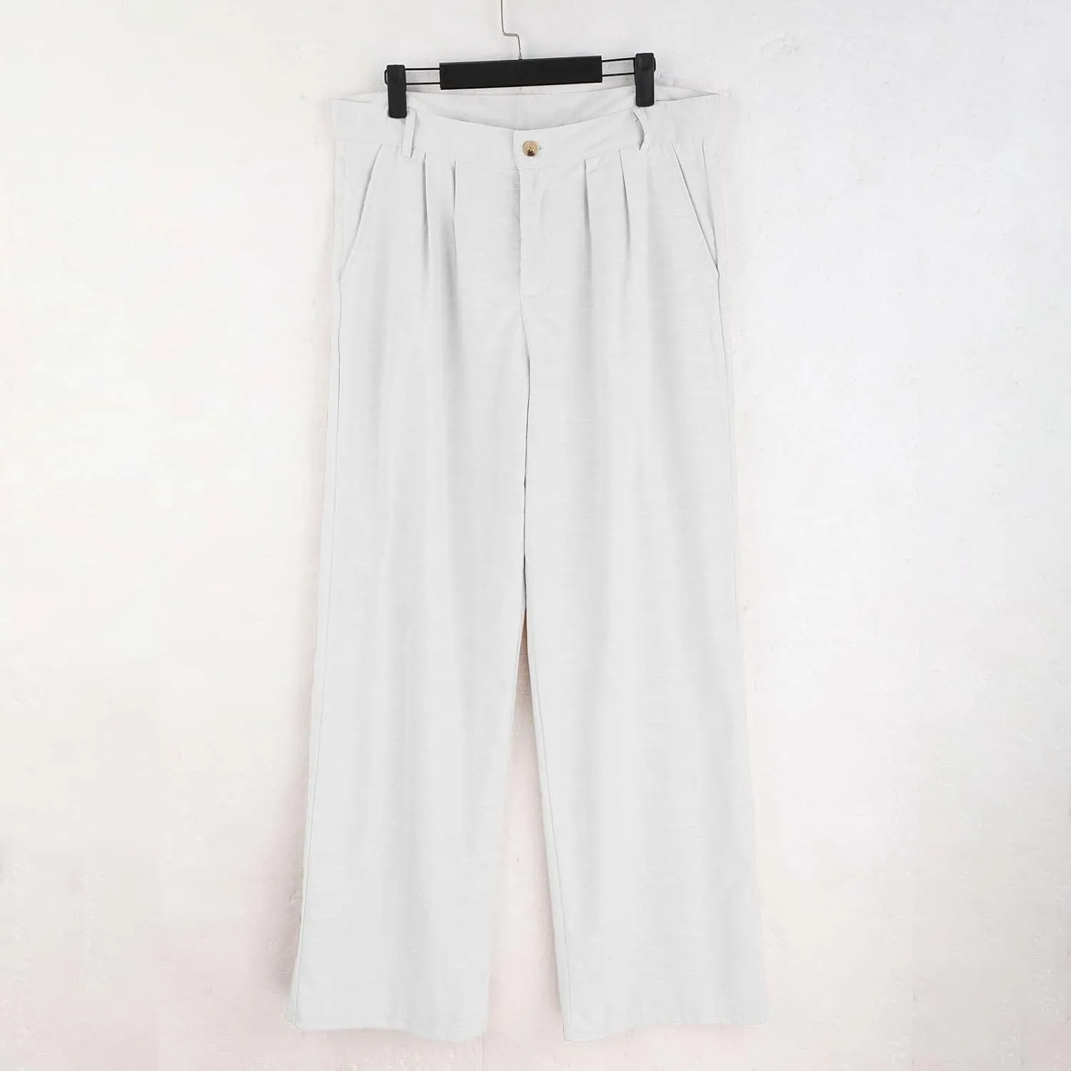 Men Casual Pants Linen Double Pleated Front Bag Belt Straight Leg Trousers Comfortable Breathable Business Work Pants