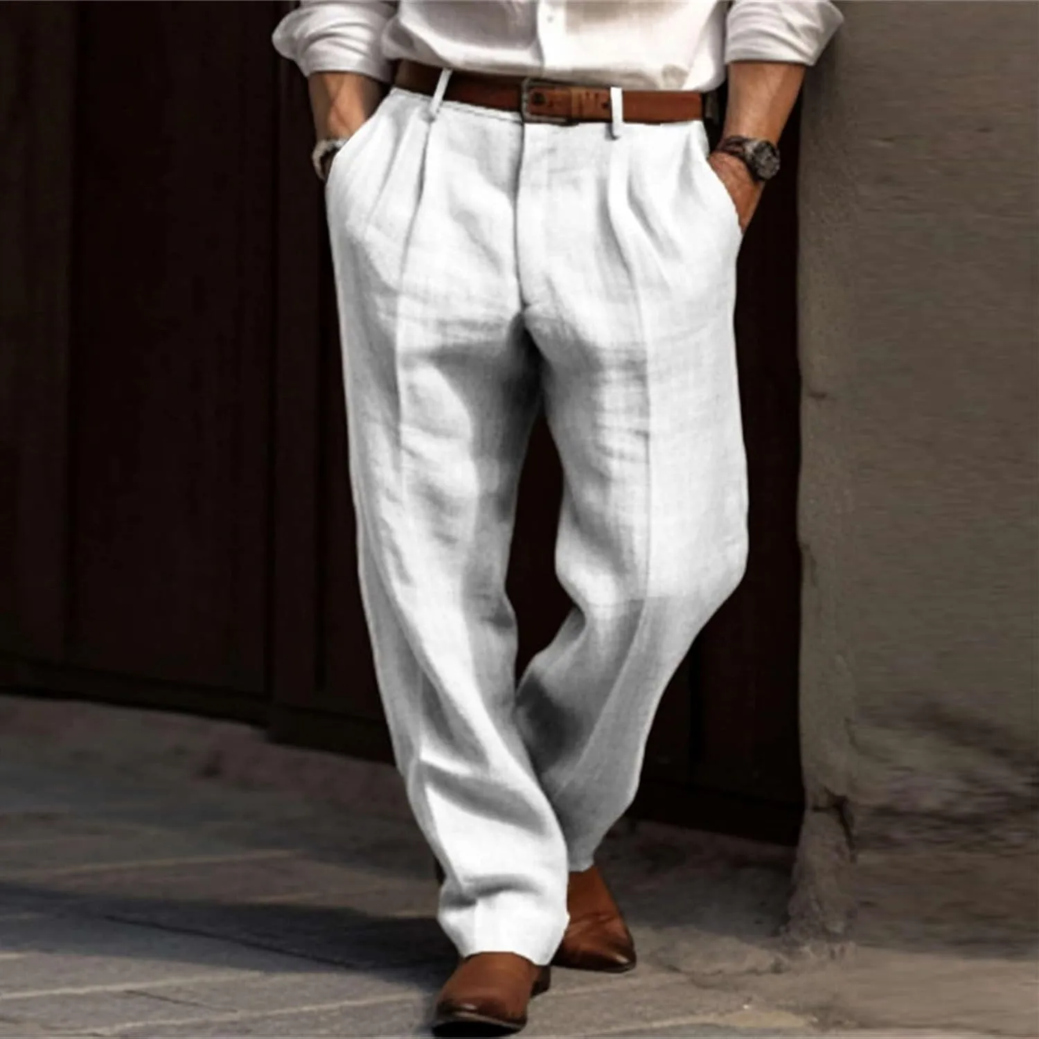Men Casual Pants Linen Double Pleated Front Bag Belt Straight Leg Trousers Comfortable Breathable Business Work Pants