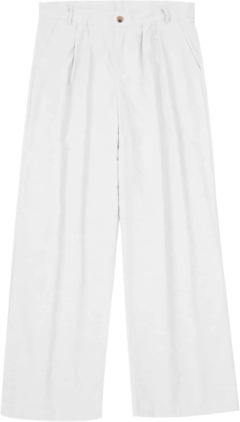 Men Casual Pants Linen Double Pleated Front Bag Belt Straight Leg Trousers Comfortable Breathable Business Work Pants