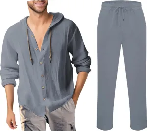 Men Casual Set Cotton Linen Button Down Long Sleeve Hooded Shirt Jogging Pants Spring Summer Loose Breathable Outfits