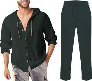 Men Casual Set Cotton Linen Button Down Long Sleeve Hooded Shirt Jogging Pants Spring Summer Loose Breathable Outfits