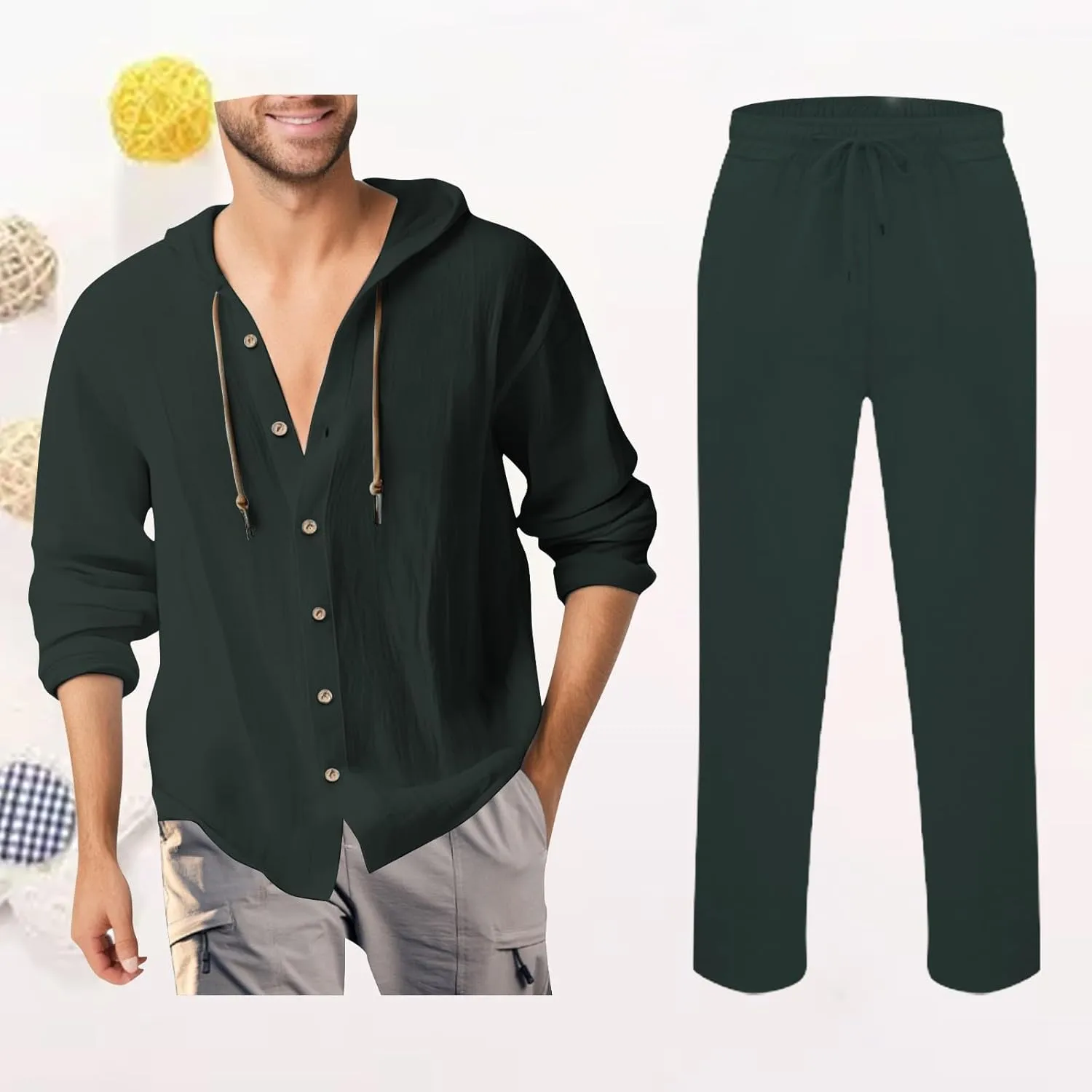 Men Casual Set Cotton Linen Button Down Long Sleeve Hooded Shirt Jogging Pants Spring Summer Loose Breathable Outfits