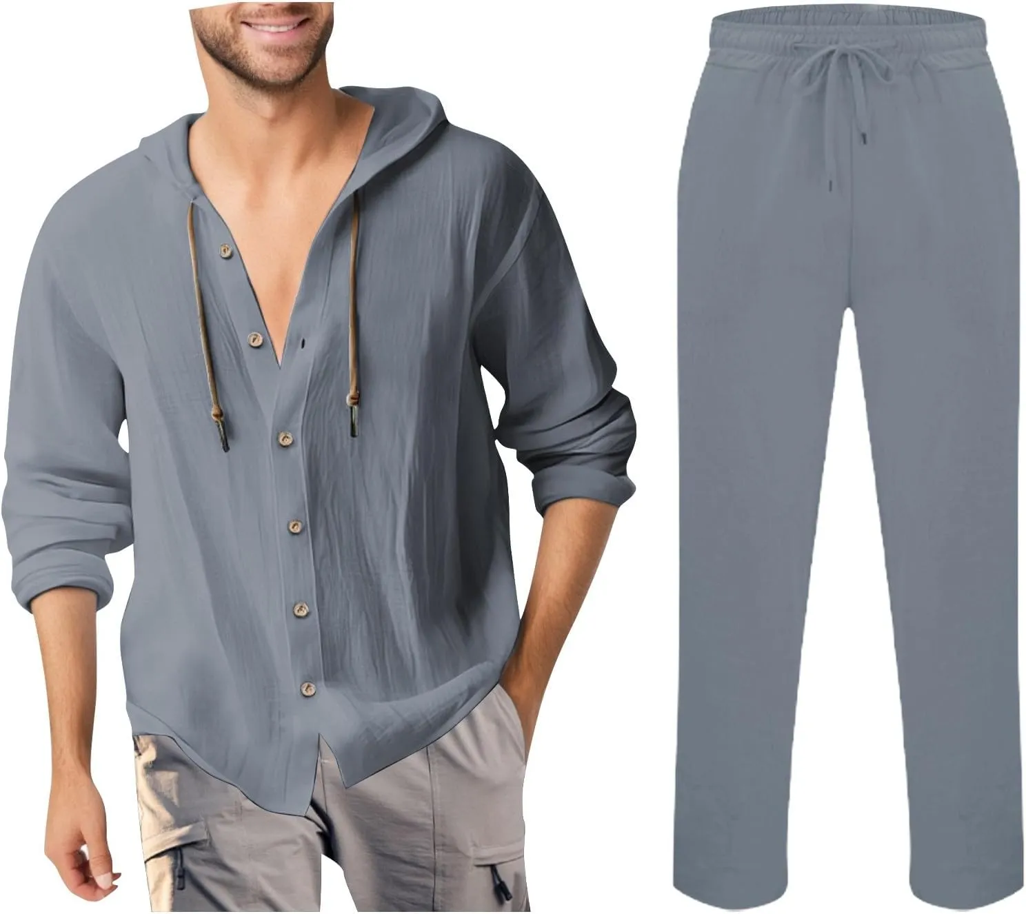 Men Casual Set Cotton Linen Button Down Long Sleeve Hooded Shirt Jogging Pants Spring Summer Loose Breathable Outfits