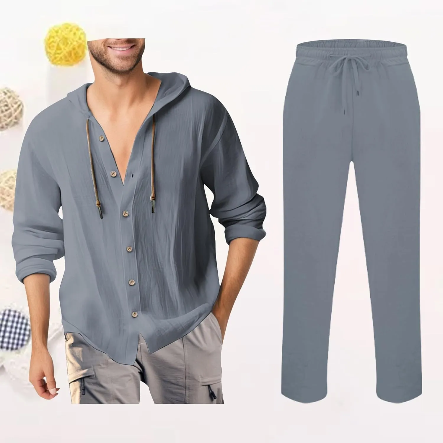 Men Casual Set Cotton Linen Button Down Long Sleeve Hooded Shirt Jogging Pants Spring Summer Loose Breathable Outfits