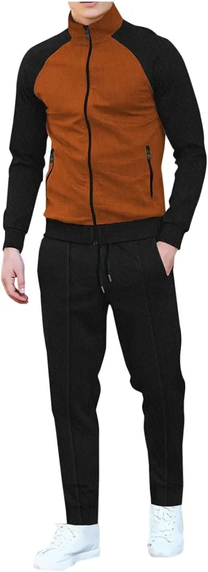 Men Fashion Set Texture Full Zipper Stand Collar Shoulder Long Sleeve Coat Jogging Pant Outdoor Sport Workout Outfits