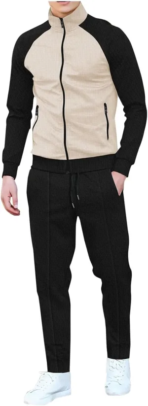 Men Fashion Set Texture Full Zipper Stand Collar Shoulder Long Sleeve Coat Jogging Pant Outdoor Sport Workout Outfits