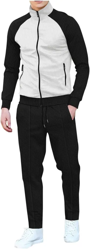 Men Fashion Set Texture Full Zipper Stand Collar Shoulder Long Sleeve Coat Jogging Pant Outdoor Sport Workout Outfits