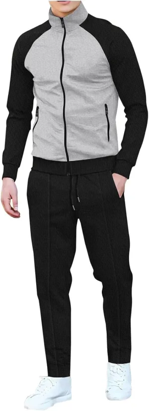 Men Fashion Set Texture Full Zipper Stand Collar Shoulder Long Sleeve Coat Jogging Pant Outdoor Sport Workout Outfits
