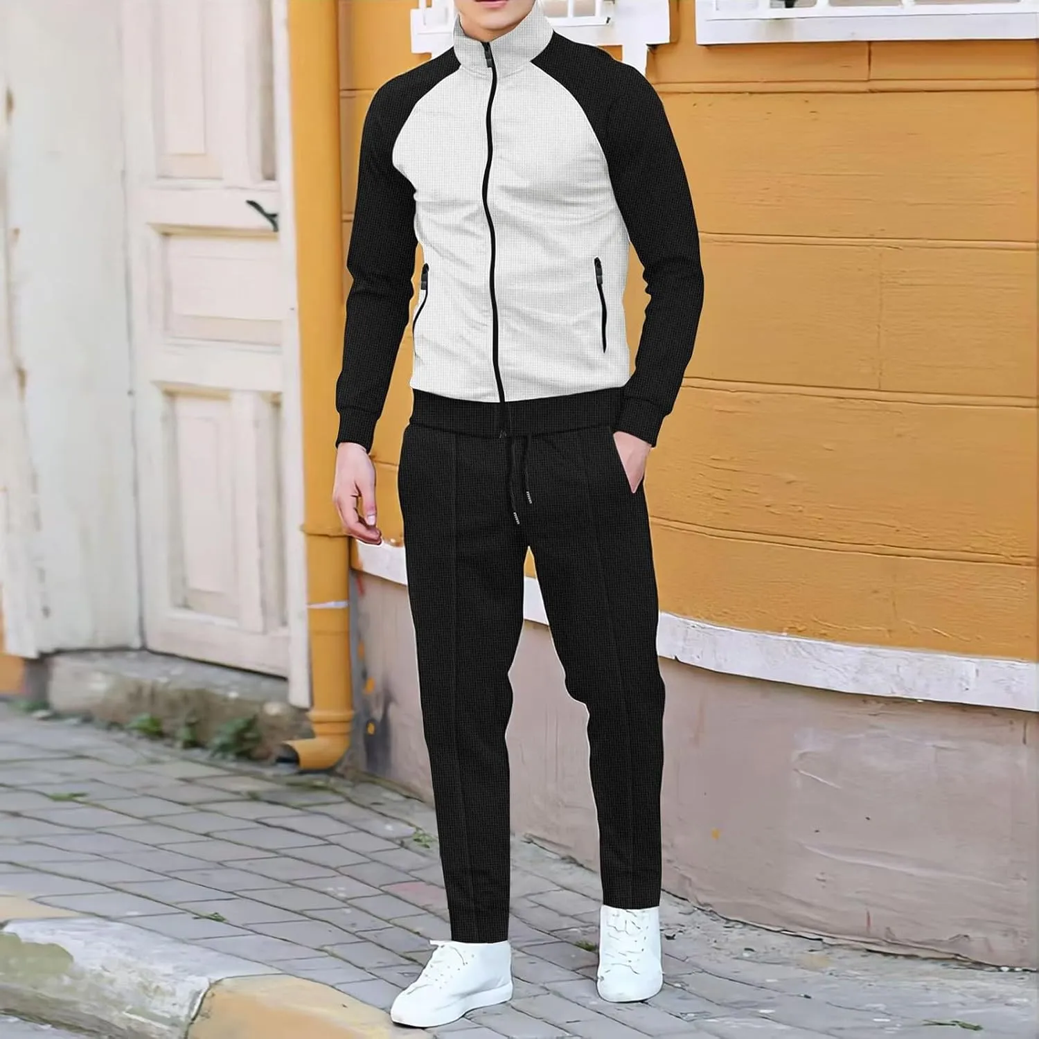 Men Fashion Set Texture Full Zipper Stand Collar Shoulder Long Sleeve Coat Jogging Pant Outdoor Sport Workout Outfits