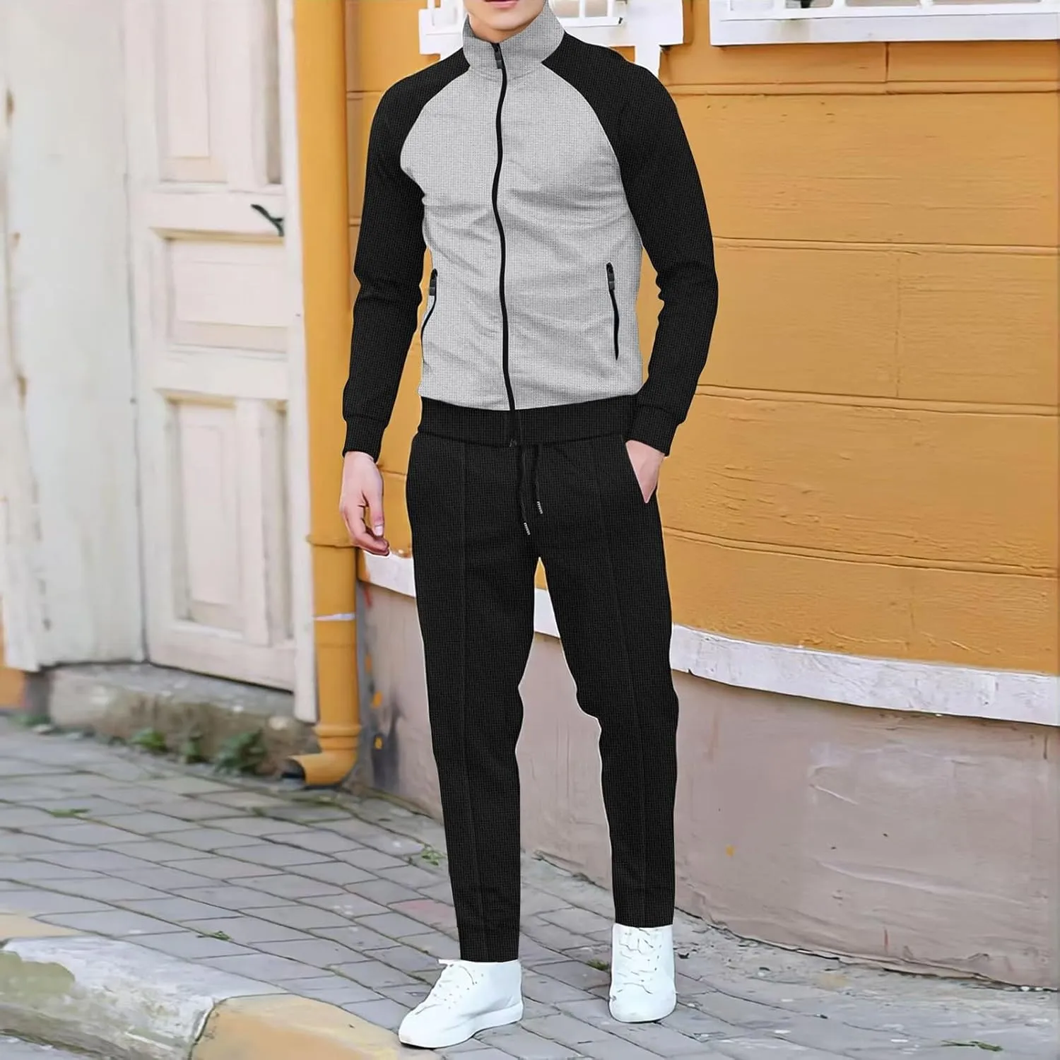 Men Fashion Set Texture Full Zipper Stand Collar Shoulder Long Sleeve Coat Jogging Pant Outdoor Sport Workout Outfits