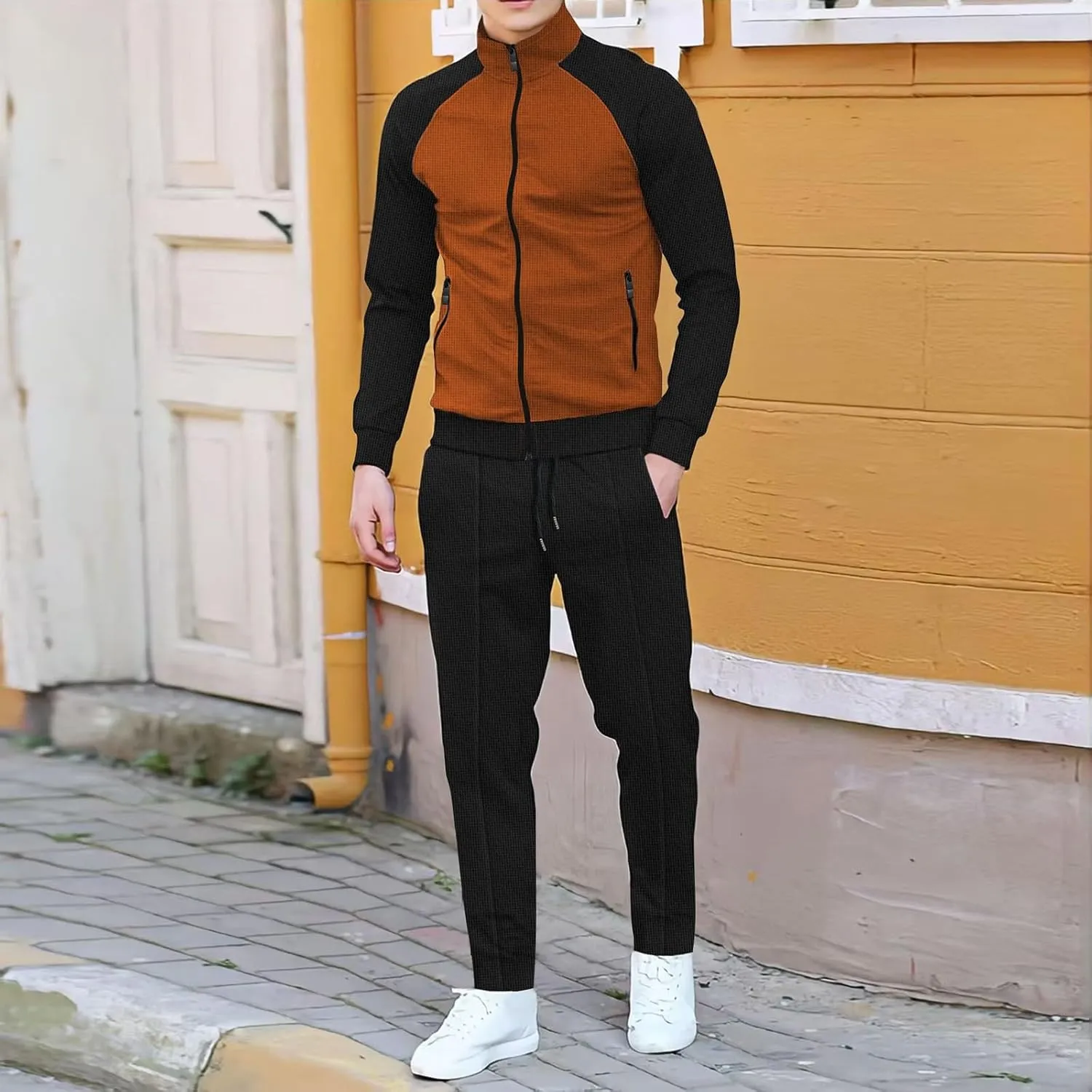 Men Fashion Set Texture Full Zipper Stand Collar Shoulder Long Sleeve Coat Jogging Pant Outdoor Sport Workout Outfits