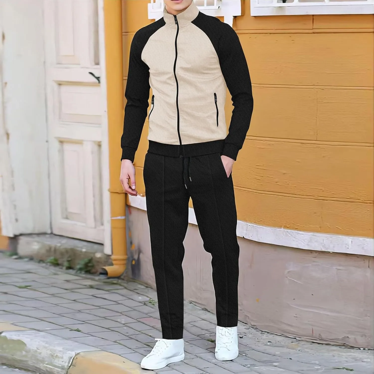 Men Fashion Set Texture Full Zipper Stand Collar Shoulder Long Sleeve Coat Jogging Pant Outdoor Sport Workout Outfits