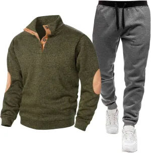 Men Sport Set Stand Collar Button Down Long Sleeve Elbow Patch Sweatshirt Pant Sport Set Fashion Workout Jogging Suit