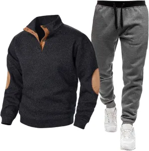 Men Sport Set Stand Collar Button Down Long Sleeve Elbow Patch Sweatshirt Pant Sport Set Fashion Workout Jogging Suit