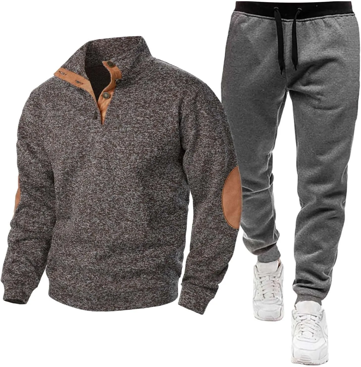 Men Sport Set Stand Collar Button Down Long Sleeve Elbow Patch Sweatshirt Pant Sport Set Fashion Workout Jogging Suit