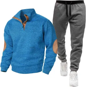 Men Sport Set Stand Collar Button Down Long Sleeve Elbow Patch Sweatshirt Pant Sport Set Fashion Workout Jogging Suit