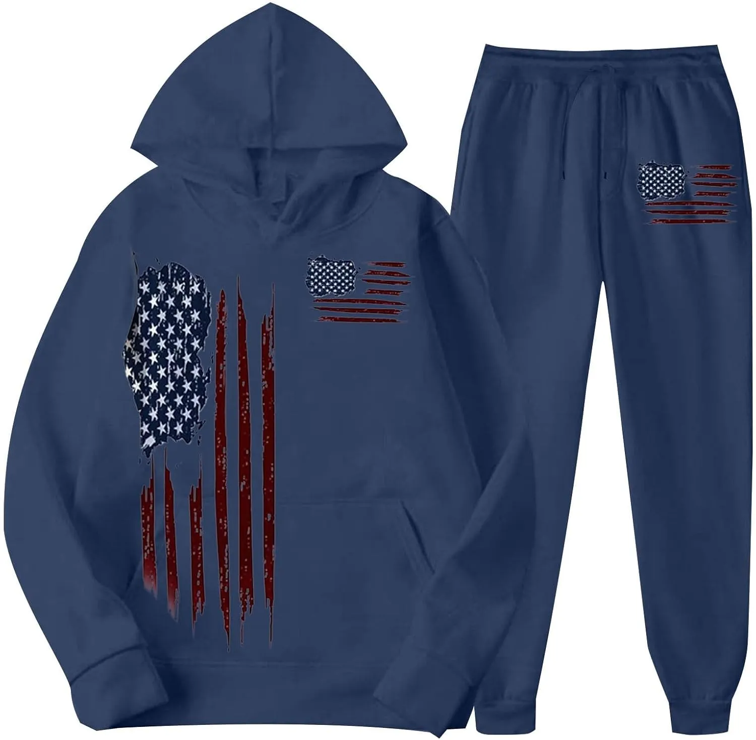 Men Tracksuit 2 Piece Trendy USA Flag Long Sleeve Hooded Sweatshirt Sweatpants Workout Gym Jogging Relaxed Fit Outfit