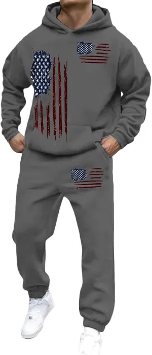 Men Tracksuit 2 Piece Trendy USA Flag Long Sleeve Hooded Sweatshirt Sweatpants Workout Gym Jogging Relaxed Fit Outfit