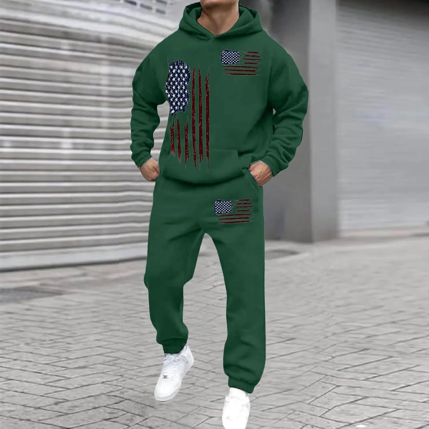 Men Tracksuit 2 Piece Trendy USA Flag Long Sleeve Hooded Sweatshirt Sweatpants Workout Gym Jogging Relaxed Fit Outfit