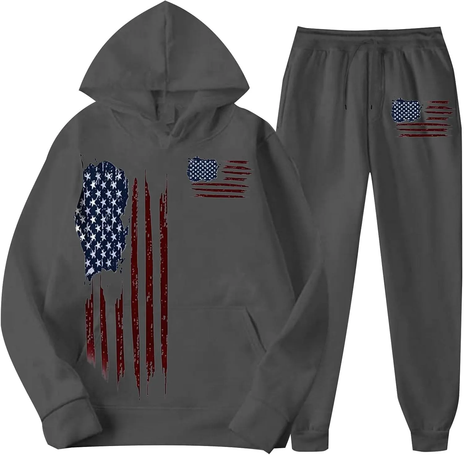Men Tracksuit 2 Piece Trendy USA Flag Long Sleeve Hooded Sweatshirt Sweatpants Workout Gym Jogging Relaxed Fit Outfit
