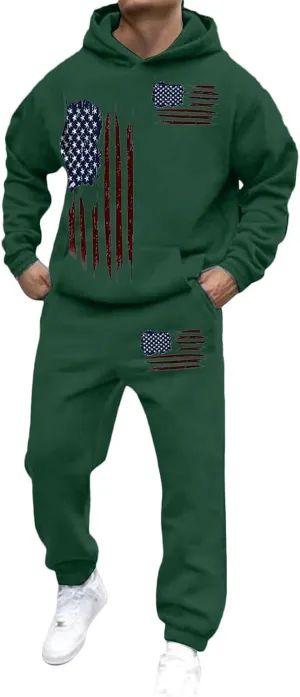 Men Tracksuit 2 Piece Trendy USA Flag Long Sleeve Hooded Sweatshirt Sweatpants Workout Gym Jogging Relaxed Fit Outfit