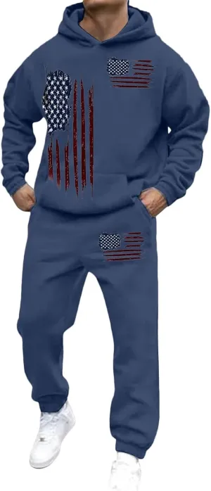 Men Tracksuit 2 Piece Trendy USA Flag Long Sleeve Hooded Sweatshirt Sweatpants Workout Gym Jogging Relaxed Fit Outfit