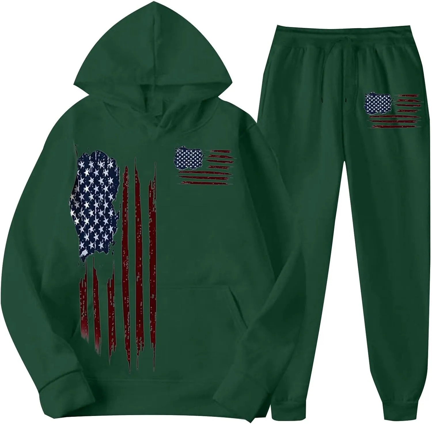 Men Tracksuit 2 Piece Trendy USA Flag Long Sleeve Hooded Sweatshirt Sweatpants Workout Gym Jogging Relaxed Fit Outfit