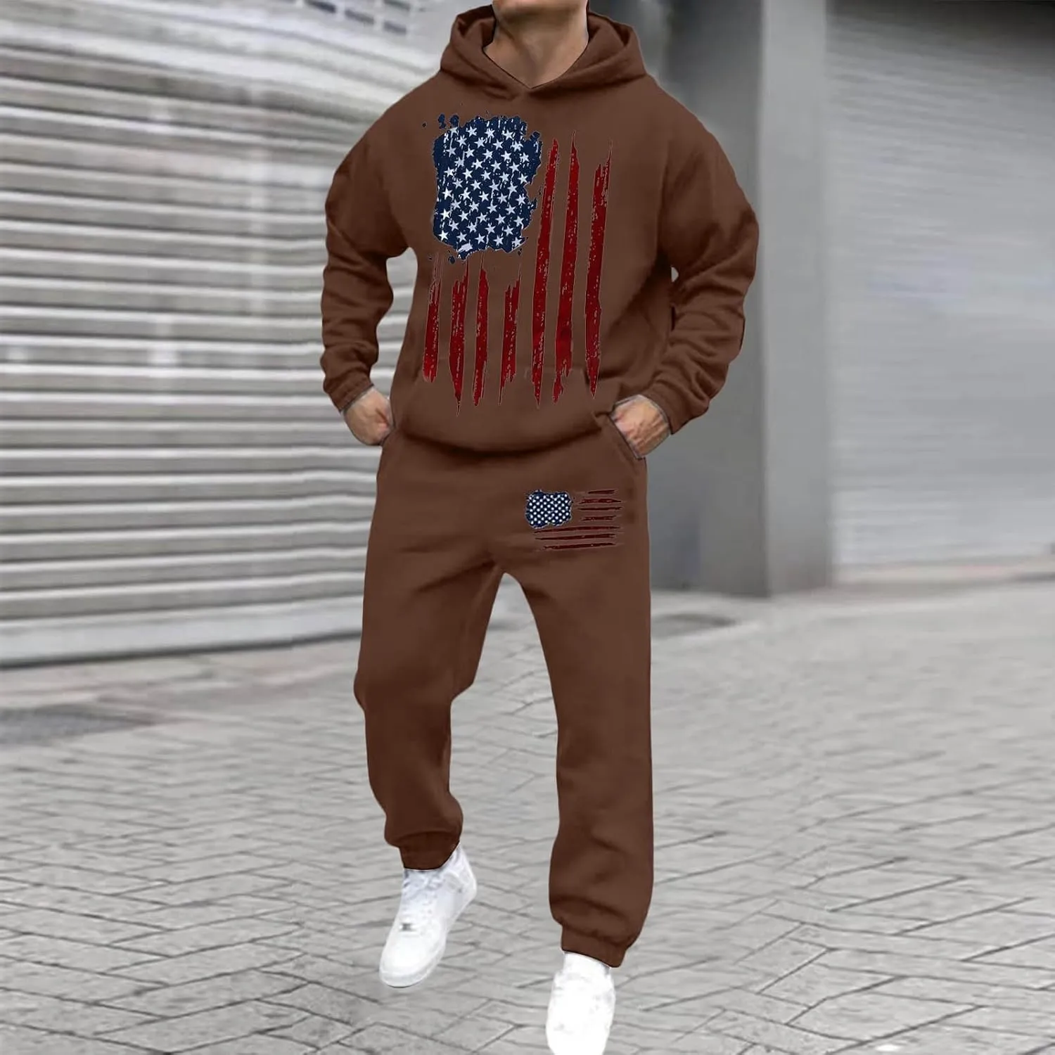 Men Tracksuit 2 Piece Trendy USA Flag Long Sleeve Hooded Sweatshirt Sweatpants Workout Gym Jogging Relaxed Fit Outfit