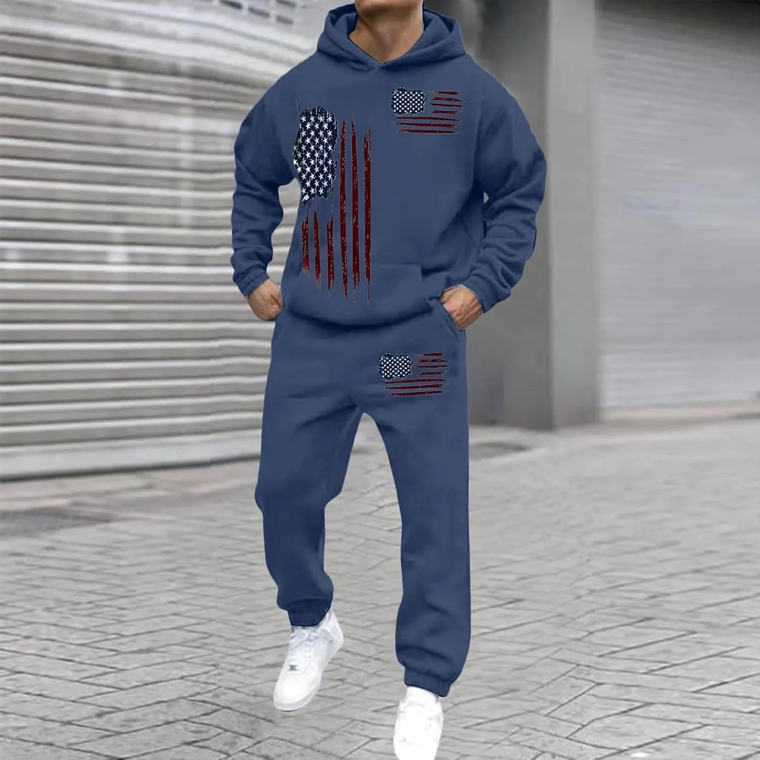 Men Tracksuit 2 Piece Trendy USA Flag Long Sleeve Hooded Sweatshirt Sweatpants Workout Gym Jogging Relaxed Fit Outfit