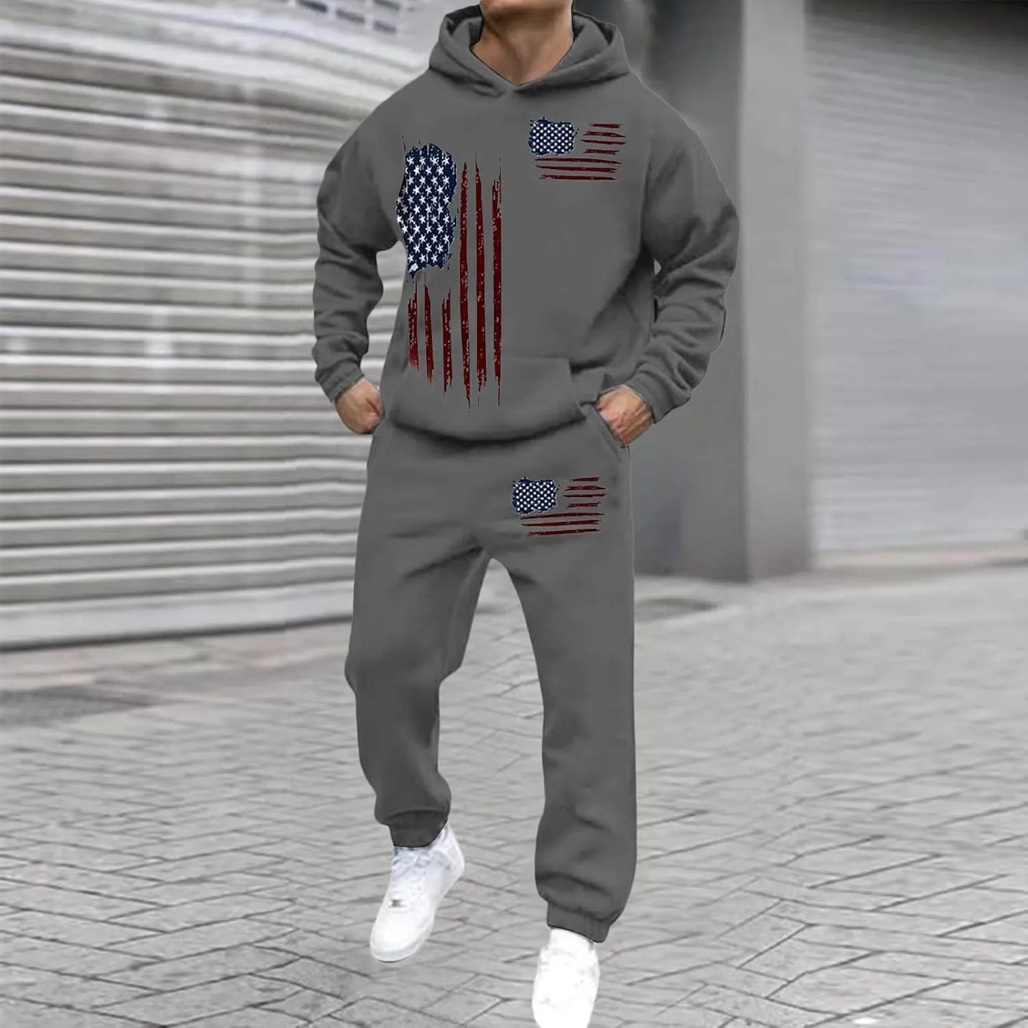 Men Tracksuit 2 Piece Trendy USA Flag Long Sleeve Hooded Sweatshirt Sweatpants Workout Gym Jogging Relaxed Fit Outfit