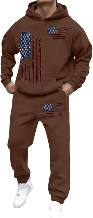 Men Tracksuit 2 Piece Trendy USA Flag Long Sleeve Hooded Sweatshirt Sweatpants Workout Gym Jogging Relaxed Fit Outfit