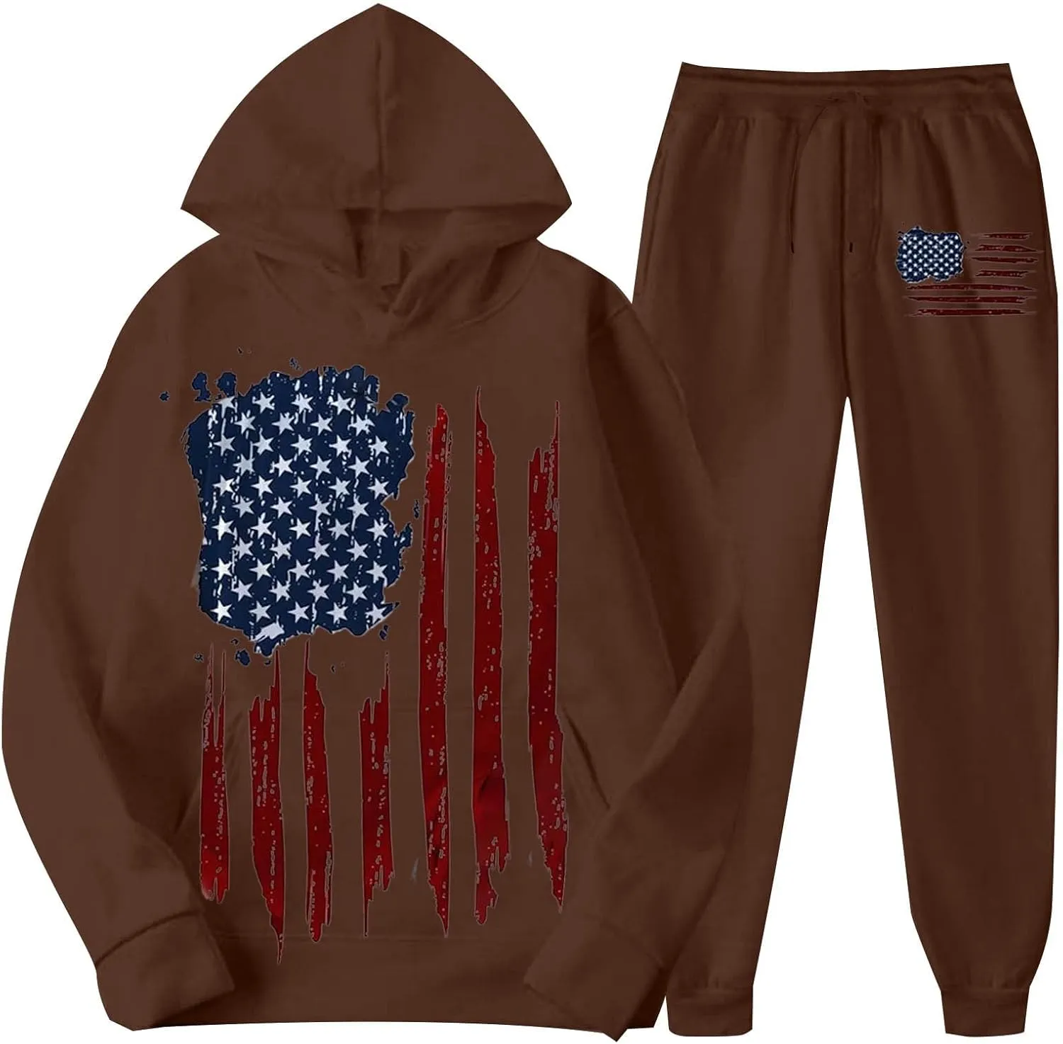 Men Tracksuit 2 Piece Trendy USA Flag Long Sleeve Hooded Sweatshirt Sweatpants Workout Gym Jogging Relaxed Fit Outfit