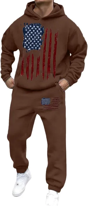 Men Tracksuit 2 Piece Trendy USA Flag Long Sleeve Hooded Sweatshirt Sweatpants Workout Gym Jogging Relaxed Fit Outfit
