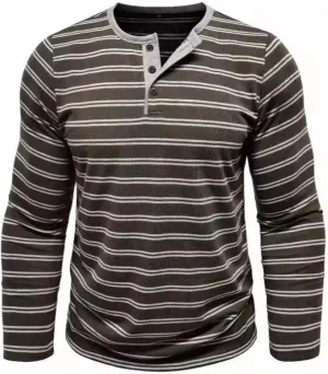 Mens 1/4 Button Up Henley Shirts Striped Print Gym Workout T Shirts Fall Casual Loose Fit Pullover Tops Basic Tees