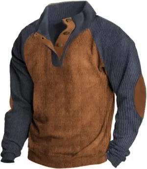 Mens 1/4 Button Up Waffle Sweatshirts Casual Raglan Sleeve Lapel Collar Corduroy Pullover Sweaters Rugged Polos Shirt