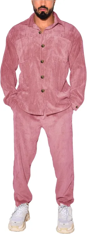 Men's 2 Piece Outfits Corduroy Casual Long Sleeve Shirt Pant Sets Fall Fashion Tracksuits