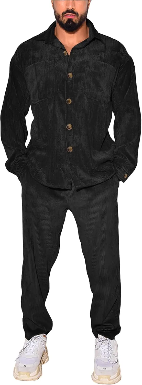 Men's 2 Piece Outfits Corduroy Casual Long Sleeve Shirt Pant Sets Fall Fashion Tracksuits