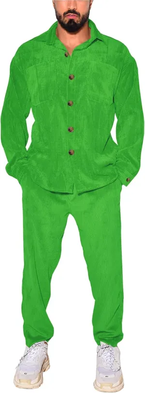 Men's 2 Piece Outfits Corduroy Casual Long Sleeve Shirt Pant Sets Fall Fashion Tracksuits