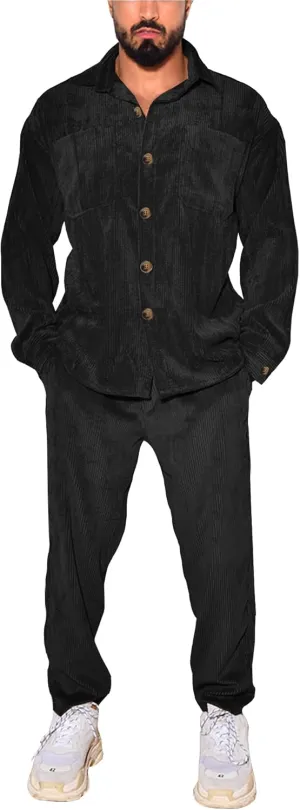 Men's 2 Piece Outfits Corduroy Casual Long Sleeve Shirt Pant Sets Fall Fashion Tracksuits