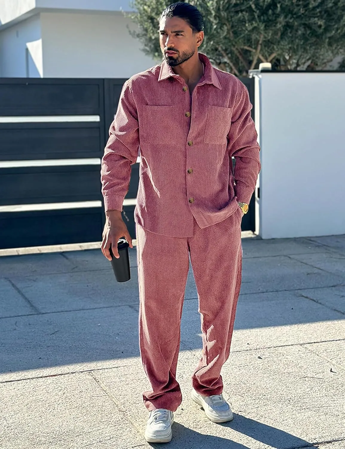 Men's 2 Piece Outfits Corduroy Casual Long Sleeve Shirt Pant Sets Fall Fashion Tracksuits