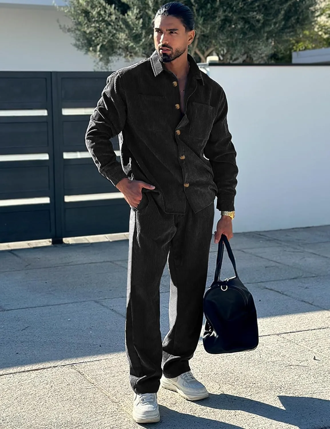 Men's 2 Piece Outfits Corduroy Casual Long Sleeve Shirt Pant Sets Fall Fashion Tracksuits