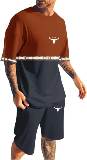 Mens 2 Piece Outfits Short Sleeve Western Graphic Colorblock Crewneck T-Shirt and Elastic Waist Shorts Set Vintage S-4XL