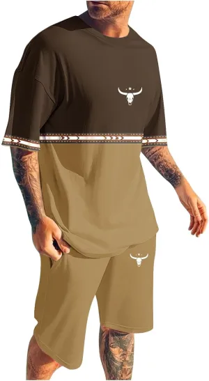 Mens 2 Piece Outfits Short Sleeve Western Graphic Colorblock Crewneck T-Shirt and Elastic Waist Shorts Set Vintage S-4XL