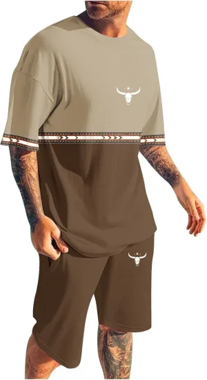 Mens 2 Piece Outfits Short Sleeve Western Graphic Colorblock Crewneck T-Shirt and Elastic Waist Shorts Set Vintage S-4XL