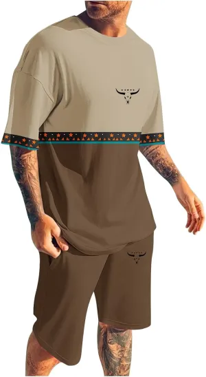 Mens 2 Piece Outfits Short Sleeve Western Graphic Colorblock Crewneck T-Shirt and Elastic Waist Shorts Set Vintage S-4XL
